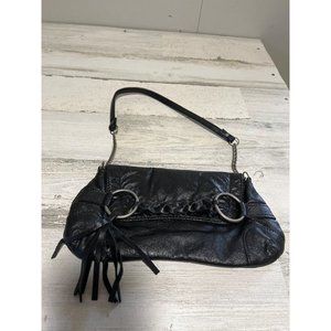 Woman’s black genuine leather small purse with partial chain handle and tassels
